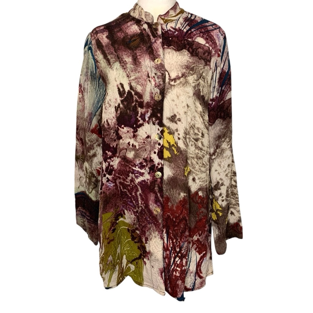 Citron Santa Monica Butterfly Abstract Patterned Button-Up 100% Silk Shirt - M